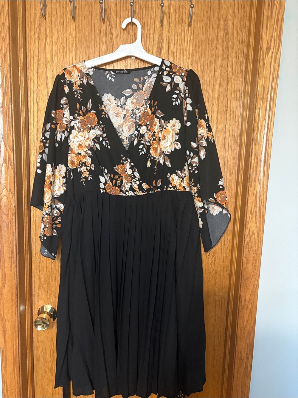 BloomChic Black Midi Dress with Orange and Cream Floral Bodice